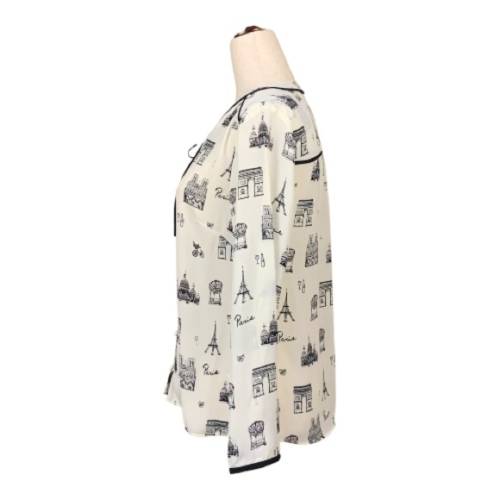 Talbot's Paris Print Tie Front Blouse Ivory Black Sketch Print Size XS P - Picture 3 of 12